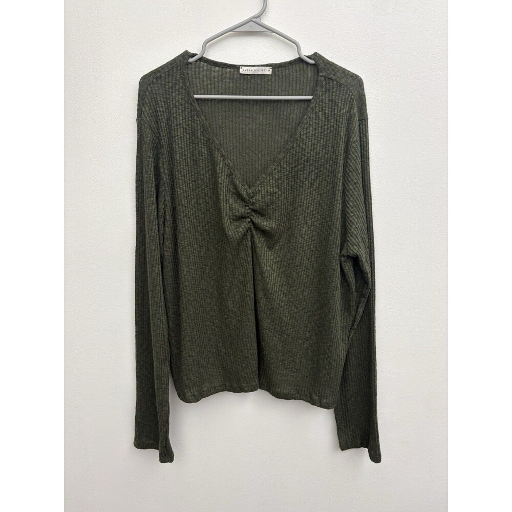 Emerald IVY Women’s Top Blouse 3XL Stretch Long Sleeve V Neck ribbed ruched